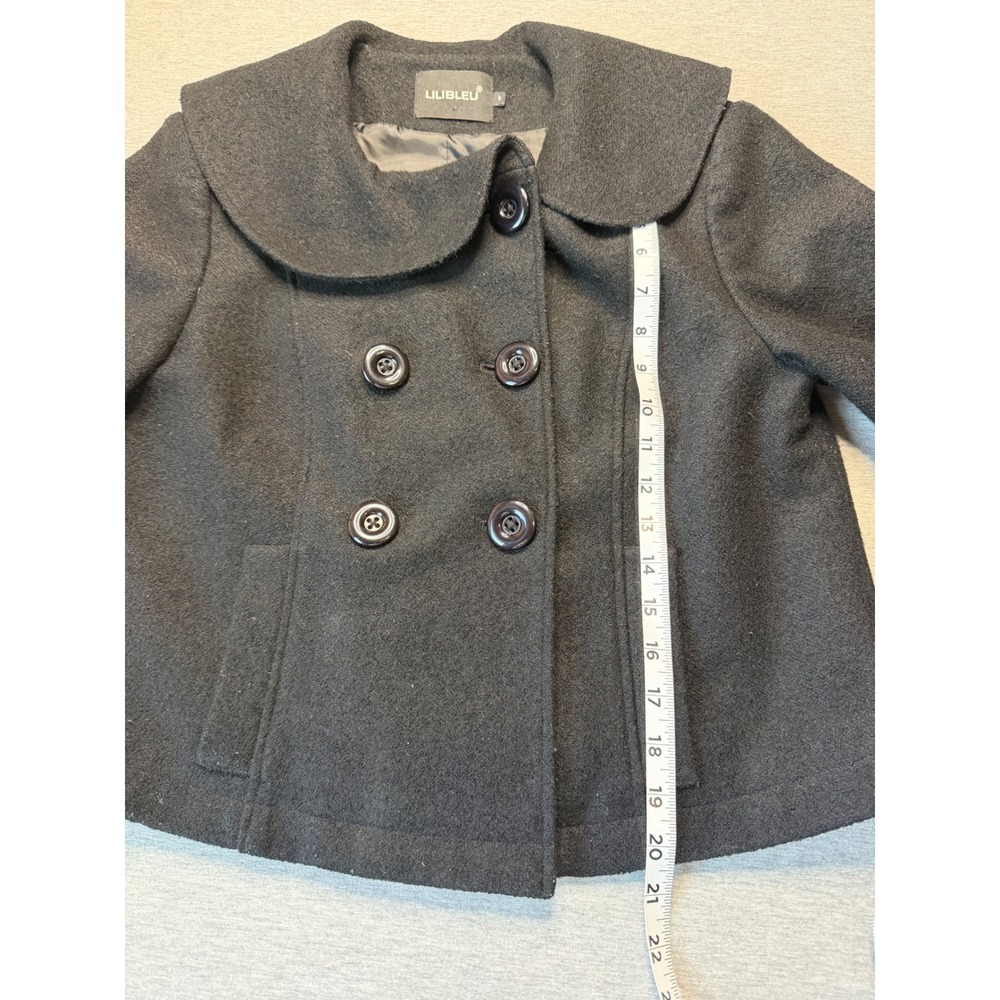 LILIBLEU Black Wool Blend Cropped Pea Coat Peter Pan Collar Double Breasted S - Picture 3 of 9